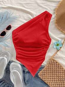Blusa asimétrica de hombro con bajo asimétrico en color rojo rosa, ideal para vacaciones de verano - Multicolor 2 - Ver 7