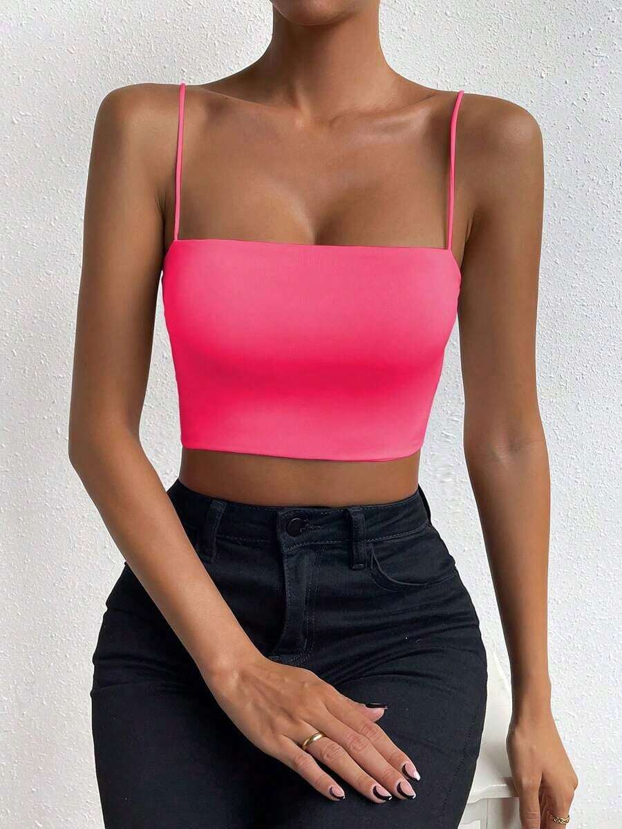 Top corto de color sólido ChicEase - Rosa - Ver 1