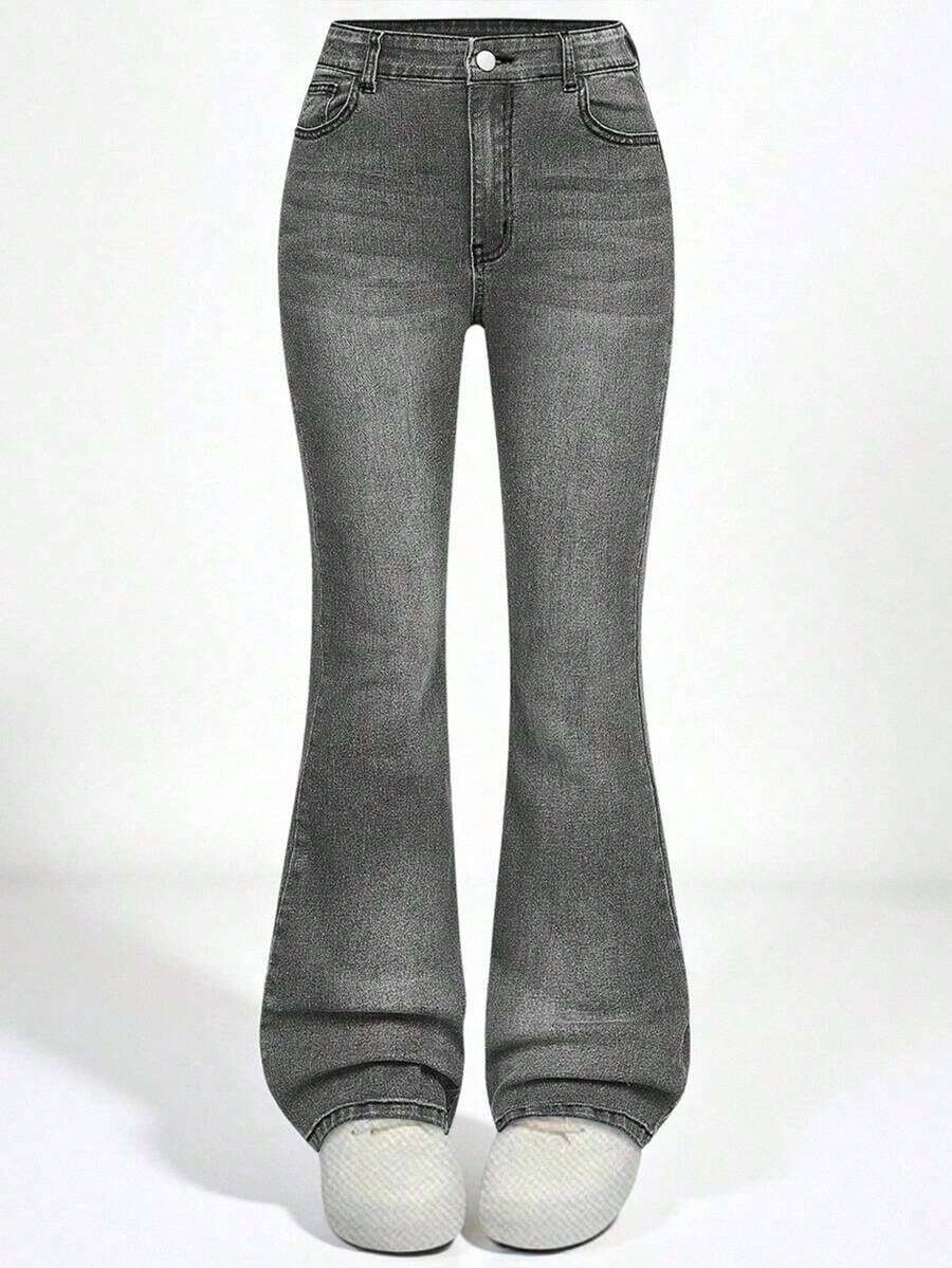 Explorewe Jeans de mezclilla estilo Y2K versátiles lavados y desgastados con pierna acampanada y elásticos para niñas adolescentes - Gris Claro - Ver 1