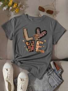 New Short-Sleeved T-Shirt With A Round Neck For Women, Spring-Summer Design, With Modern And Simple Lettering And A Fox Heart Print, Breathable And Sweat-Wicking. Direct Shipping From Our Local Warehouse, Couples' Style, Ideal For Wearing Together. - 深灰色 - 查看 2