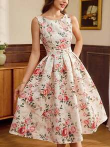 DECDS Vestido de mujer elegante y vintage con estampado floral de jacquard para fiestas, festivales y eventos elegantes.Vestidos largos elegantes para fiestas para mujeres en otoño, invierno, Navidad, Halloween y Año Nuevo. - Albaricoque - Ver 6