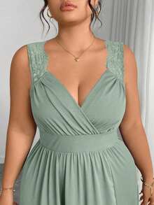 Elenzya Vestido línea A con cuello en V, contraste de encaje, tirantes finos y abertura para tallas grandes - verde menta 2 - Ver 5