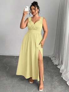 Elenzya Vestido línea A con cuello en V, contraste de encaje, tirantes finos y abertura para tallas grandes - amarillo ganso - Ver 3