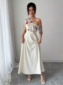 Elenzya Vestido largo con escote asimétrico de estilo francés elegante, borde acampanado, bordado de malla, para uso versátil diario, primavera/verano - Albaricoque - Ver 5