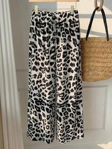 Pantalones Largos Para Mujer Con Estampado De Leopardo Y Cordón De Ajuste - Blanco - Ver 6