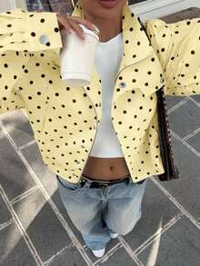 Chaqueta casual de manga larga con cremallera y estampado de lunares para mujer - Amarillo claro - Ver 1