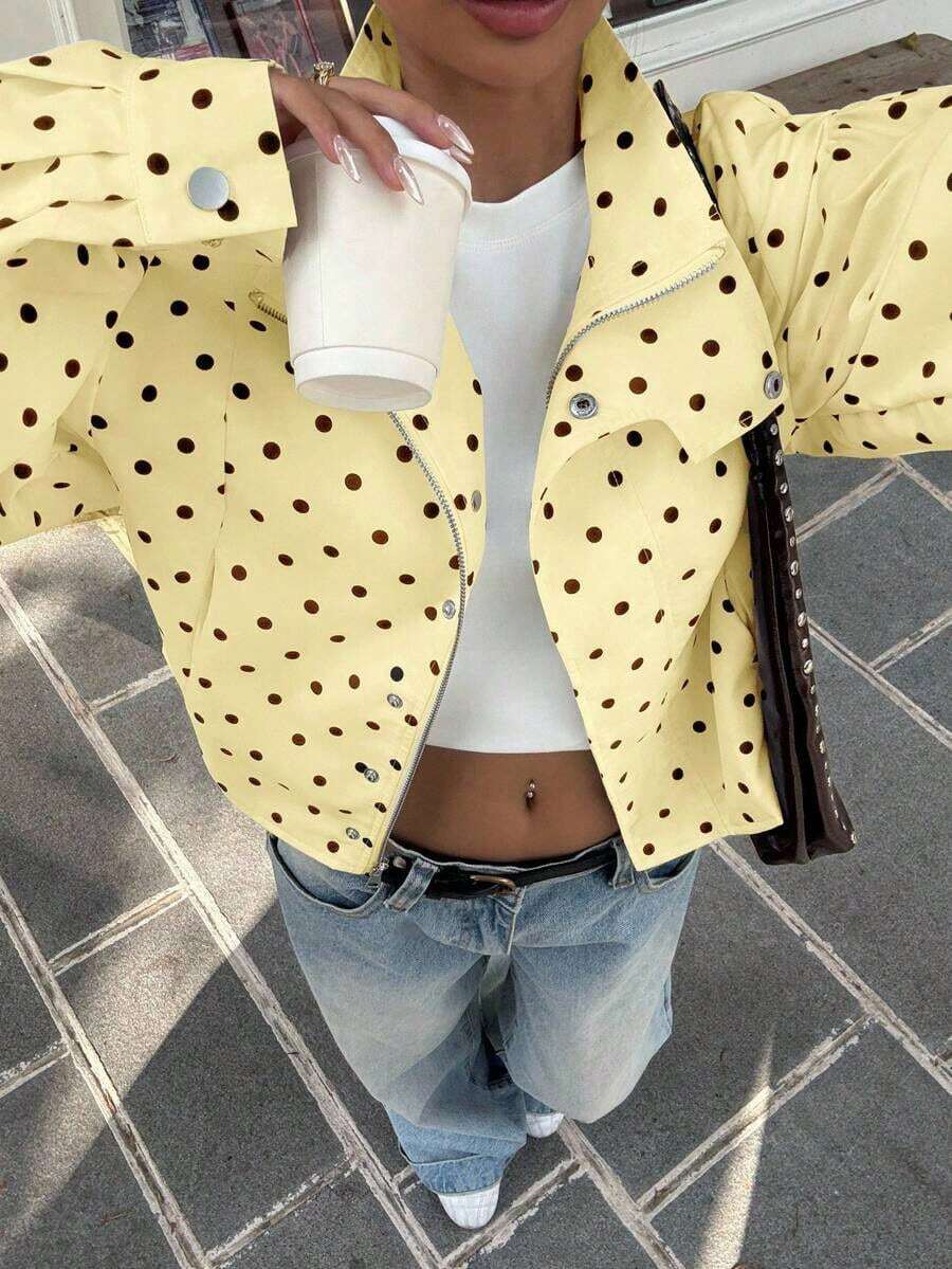 Chaqueta casual de manga larga con cremallera y estampado de lunares para mujer - Amarillo claro - Ver 1