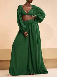 Conjunto de bata plisada de unicolor y pantalones de pierna ancha para mujer, conjunto informal de vestir para vacaciones - Verde - Ver 5