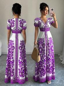 Nuevo vestido corto azul y blanco con mangas abullonadas, escote en V y cinturón, elegante y refinado estilo del Medio Oriente - Morado - Ver 8