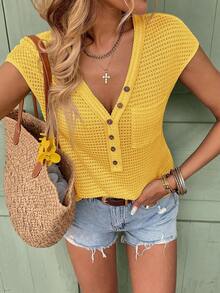 Camiseta de punto de gofre de cuello en V sólido, de manga corta, casual para primavera y verano - Amarillo - Ver 6