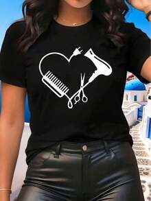 Camiseta de manga corta 100% algodón, exclusiva para salones de belleza, confeccionada con tela de poliéster resistente, decorada con un elegante patrón en forma de corazón, de corte cómodo, adecuada para barberos y peluqueros, ideal tanto para el trabajo como para el uso diario informal. - Negro - Ver 3