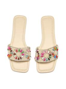 Trivaya Minimalist Fashion Comfortable Beaded Slippers For Women, Versatile Outdoor Wear, Summer New Rhinestone Flat Sandals,Beach Outfits - Beige - View 4