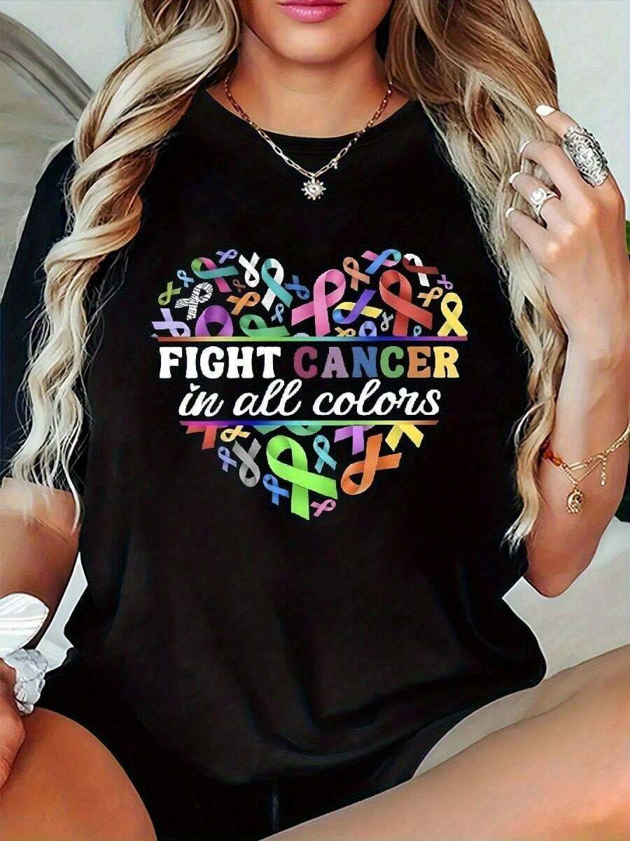 Camiseta de Lazo para la Concienciación del Cáncer en Mujeres - Luche contra el cáncer con diseño multicolor mama, pulmón, colon, leucemia y ovario. Ajuste holgado cuello redondo sin mangas casual diaria e ideal para eventos sobre el cáncer. Color con los colores arcoíris (rosa, azul, verde, amarillo, blanco, morado). Ropa benéfica cómoda. Camiseta llamativa perfecta para supervivientes al cáncer y sus seguidoresSuitable for spring, summer and autumnmaija - Negro - Ver 1