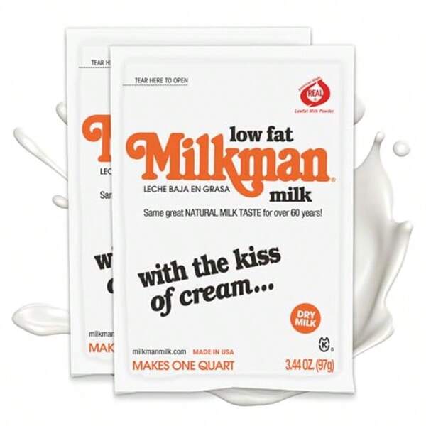 Milkman Low-Fat Milk - Instant Dry Milk Powder Packets - For Coffee, Baking, Or Travel - Just Add Water, Makes One Quart - Classic, Natural Taste With The Kiss Of Cream! 2 Pack