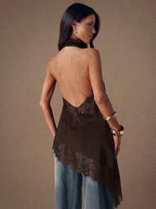 Top de satén con parches de encaje elegante sin espalda, blusa sexy de cuello halter sin mangas para fiestas, cócteles, ocasiones formales, Navidad y casual de negocios - Burdeos - Ver 10