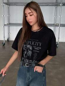 Camiseta negra Casual de las mujeres con impresión gráfica, cuello redondo, parte superior de manga corta, tejido de punto de longitud Regular de verano Streetwear VUHV - Negro - Ver 8
