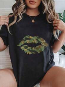 Women's Vintage Style Short Sleeve Casual T-Shirt - Camouflage Lip Print On White T-Shirt, Round Neck, Summer Top, Machine Washable, Ladies' T-Shirts, Casual Wear, Modern Look, Comfortable Fit

-WhiteFashion - 黑色 - 查看 7