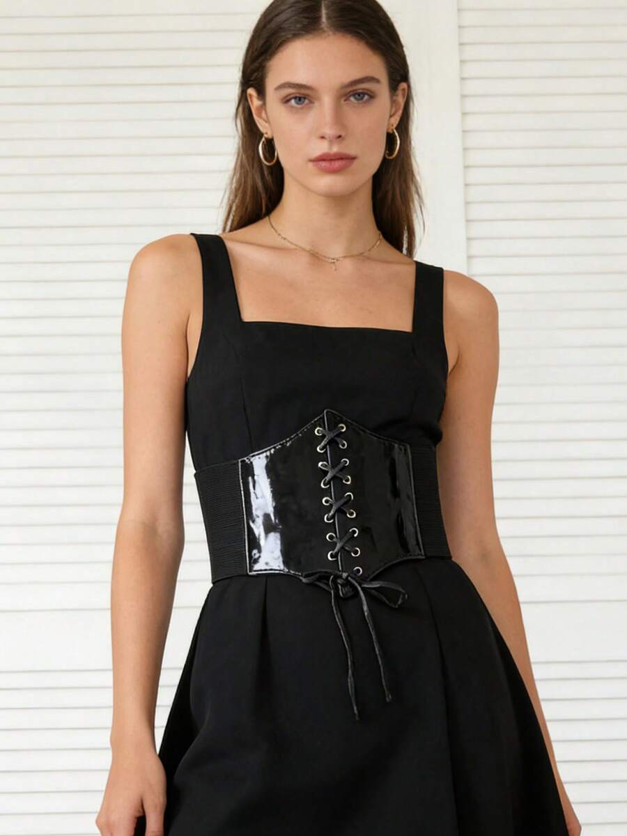 1pc Extra Wide Embroidered Tie Waist Belt For Women - Black - View 1