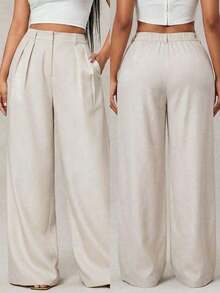 Pantalones anchos de pierna ancha de color café oscuro de moda minimalista para mujeres, pantalones de tela marrón de pierna ancha para el trabajo, pantalones de tiro alto de pierna ancha marrón para mujeres, pantalones de traje marrón para otoño/invierno - Caqui - Ver 5