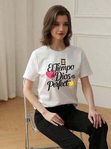 Short-Sleeve Round-Neck T-Shirt, Fashionable For Spring And Summer, Made In Mexico, 180 Grams. Cartoon Print, Couple Design, Suitable For Indoor Or Outdoor Wear. Round Neck, Unisex, Ideal For The Office And Leisure. One-Pack. Women's Casual Blouses, 100% Cotton - 白色的 - 查看 3