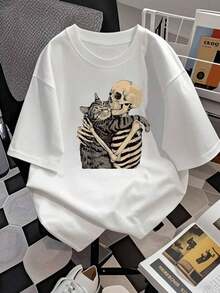 Women's T-Shirt With Cozy Cat And Skeleton Hug Print, Halloween Style, Cute And Spooky, Short Sleeve, Fashion Art Print, Loose Fit, Cotton Top, Unique Casual Wear - 白色 - 查看 2
