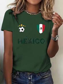 Women's Colorful Cotton T-Shirt With Vintage Mexican Flag And Star Print, Short Sleeve, New For Summer, Casual, Elegant And Fashionable Style. - 綠色 - 查看 9