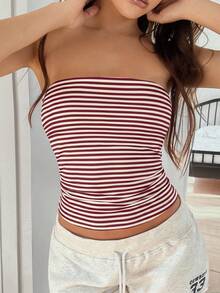 Áo tank top không dây, màu trơn, co giãn ôm sát dành cho nữ của Vaiaye, áo camisole cơ bản không dây thời trang cho mùa xuân và mùa hè. - Sọc đỏ và trắng - Xem 2
