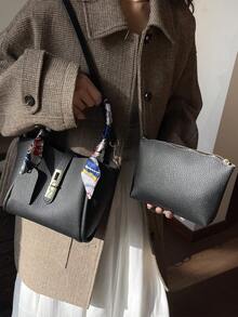 2件套春季新款时尚PU皮包包，简约别致通勤手提包，配丝巾装饰，适合女性/女孩办公使用 - 黑色 - 查看 5