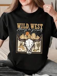 Camiseta de manga corta para mujer, nueva prenda de verano con estampado y cuello redondo. Modelo básico, cómoda y ligera, estilo juvenil, combina con todo y es ideal para looks casuales. - Negro - Ver 1