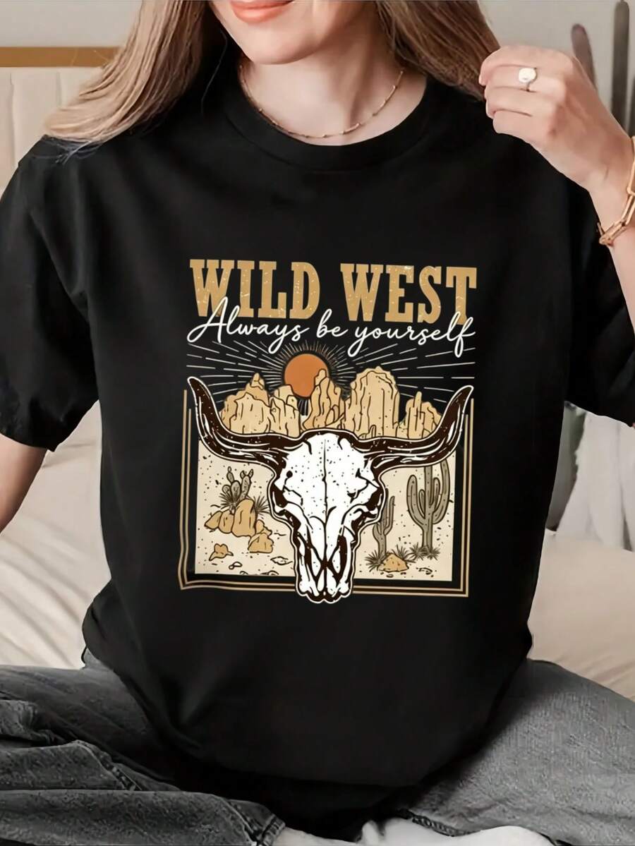 Camiseta de manga corta para mujer, nueva prenda de verano con estampado y cuello redondo. Modelo básico, cómoda y ligera, estilo juvenil, combina con todo y es ideal para looks casuales. - Negro - Ver 1