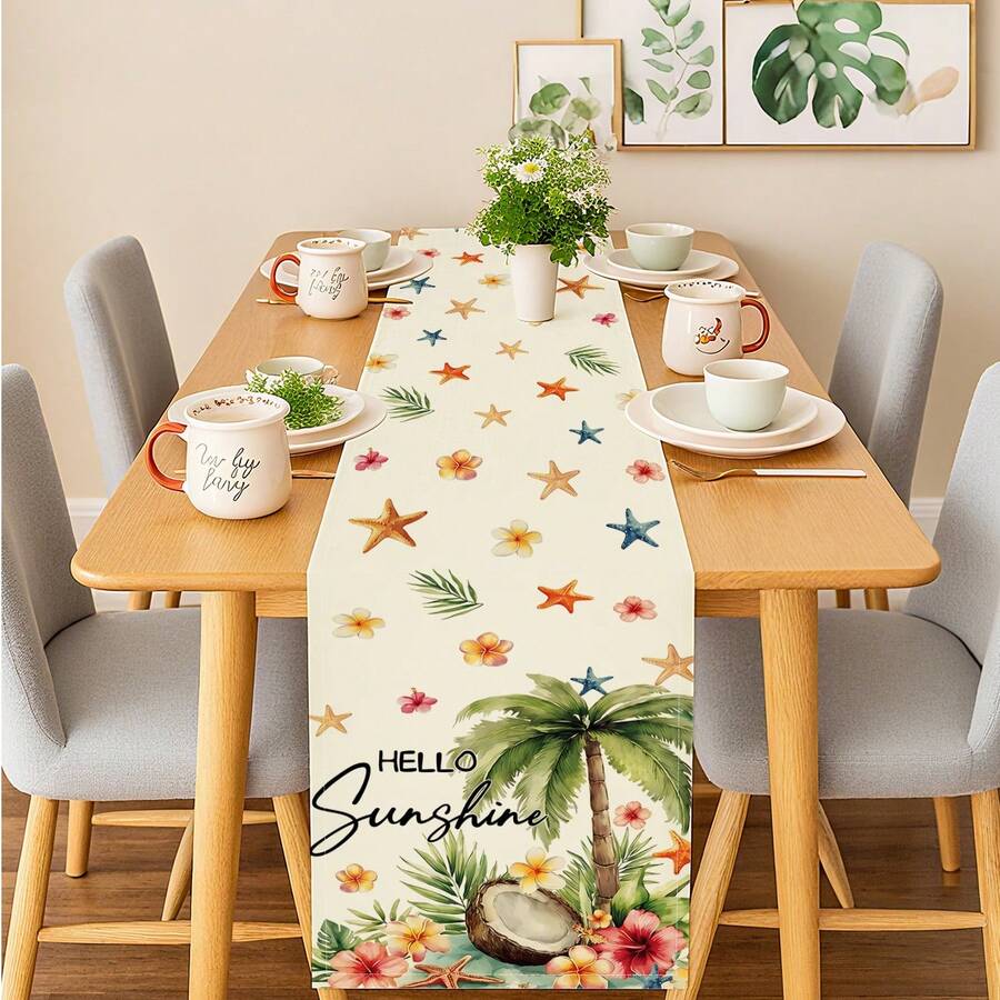 1 Stück tropischer Palmenbaum und Seestern Tischläufer im Aquarellstil, sommerlich, waschbar, geeignet für Outdoor und Indoor Partys, Küche, Esszimmertisch, kann auch für Wohnzimmer, rechteckigen Esstisch und Restaurant Dekoration verwendet werden - Weiss - Übersicht 1