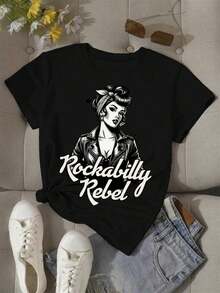 Women's Retro Rockabilly T-Shirt - Vintage Inspired Graphic Tee - Casual Sports T-Shirt With Bold "Rockabilly Rebel" Print - Soft And Stretchy Fabric - Crew Neck For All-Season Comfort - Short Sleeve T-Shirt For Casual Wear - Ladies' T-Shirts Suitable As A Gift. Women's T-Shirt. Blouses>Elegant. Boho Chic. Soft, Breathable, And Comfortable Women's Top, Ideal For Spring, Summer, And Autumn, Perfect For Vacations, Travel, And Everyday Wear. Suitable As A Gift. Women's T-Shirt. Blouses>Elegant. Boho Chic. Soft, Breathable, And Comfortable Women's Top, Ideal For Spring, Summer, And Autumn, Perfect For Vacations, Travel, And Everyday Wear. - Black - View 7