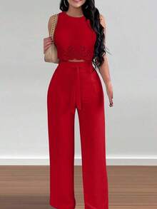 Set de 2 piezas para mujer con top corto elegante con diseño calado y ata y pantalón recto para vacaciones - Rojo - Ver 3