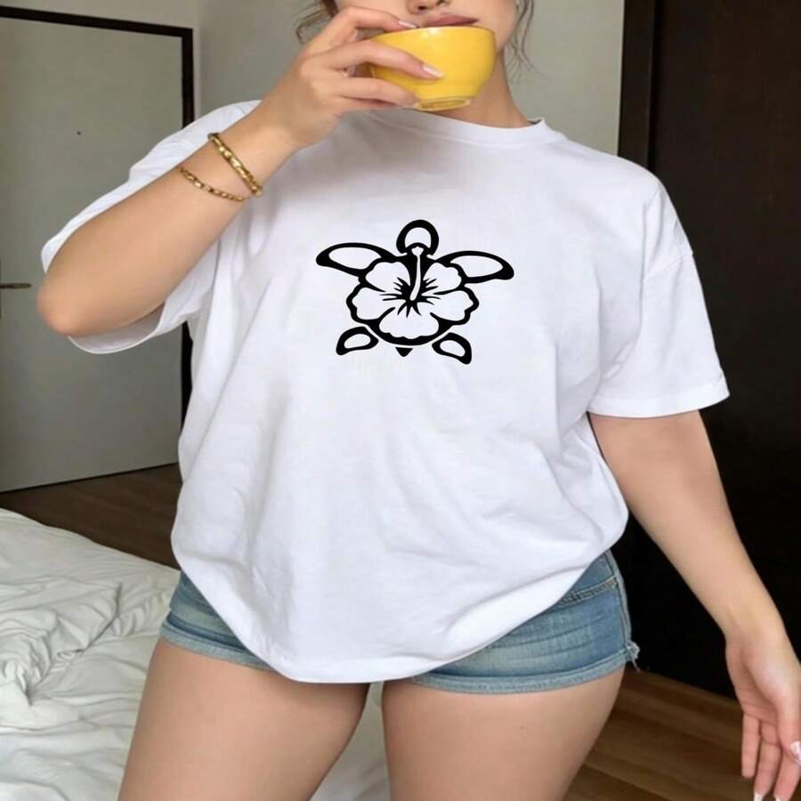 Women's White Cotton Short Sleeve Round Neck Casual T-Shirt with Turtle and Hibiscus Print in Regular Length - Blanco - Ver 1