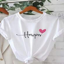 Women's Casual White Cotton Round Neck Short Sleeve T-Shirt With Heart Graphic Print Regular Length High Stretch Fabric - 白色 - 查看 1