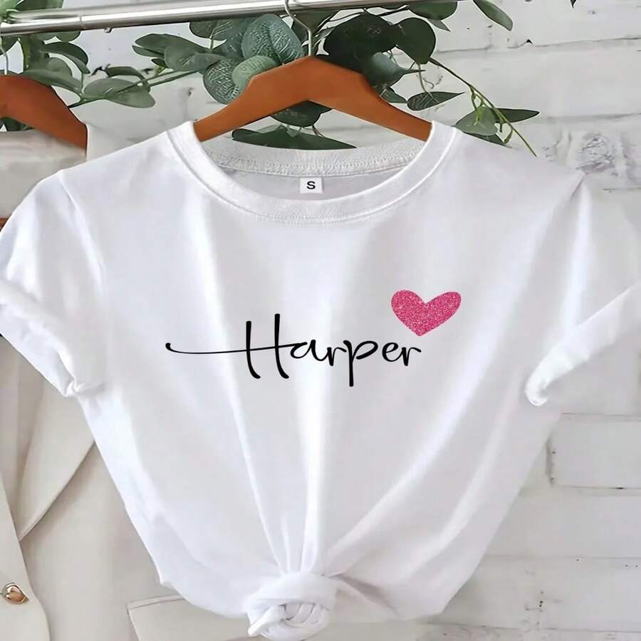 Women's Casual White Cotton Round Neck Short Sleeve T-Shirt With Heart Graphic Print Regular Length High Stretch Fabric - 白色 - 查看 1