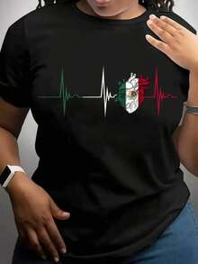 Women's Heat T-Shirts Basic Graphic Print T-Shirt For Women Short Sleeve Round Neck Mexican Patriotic Print Mexican Revolution Flag Shield Heart Hearts Heartbeat Pulse Eagle Snake Cactus Revolution Celebration Party Gym Exercise Aesthetic Regular Casual Comfortable Cool Lightweight Soft Modern Youthful Romantic Bohemian Going Out Home Daily Day Beach Heat Spring Summer Office Versatile Creative - 黑色 - 查看 6