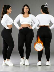 Plus Size Thermal Lined High Waist Thick Leggings For Women - Black - View 4