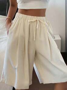 Pantalones rectos sueltos de unicolor con cintura elástica y cordón, informales de lino para el verano - Albaricoque - Ver 5