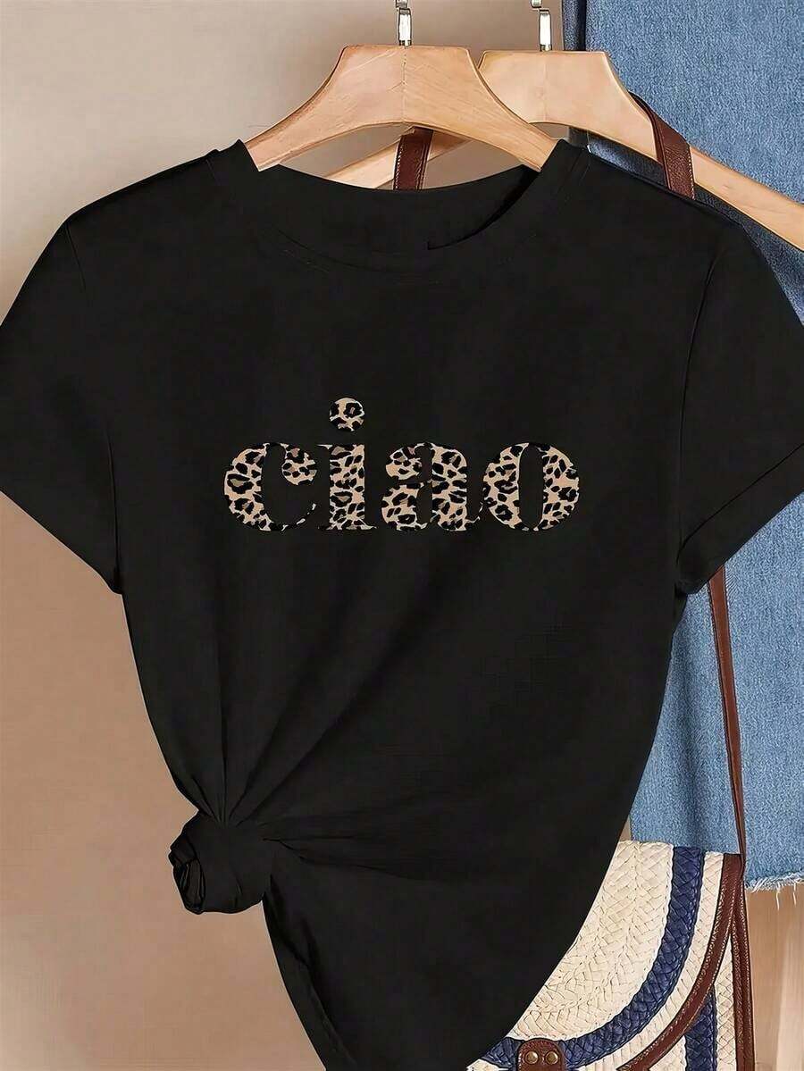 Camiseta de mujerCamiseta casual de manga corta para mujer con estampado de leopardo, negra con patrón de animal beige, hecha de tela ligera y transpirable, ideal para primavera y verano, lavable a máquina, diseñada para la comodidad diariaCómoda y ligera - Negro - Ver 1