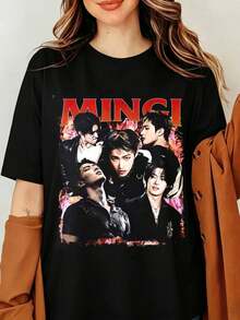 Mingi ATEEZS K-Pop Star Graphic T-Shirt Song Mingi Vintage 90s Bootleg Print Black Oversized Cotton Tee Men Women Streetwear Top, Vintage Ateezs Mingi 90s Bootleg Style T-Shirt, K-Pop Tour Apparel - Black - View 1