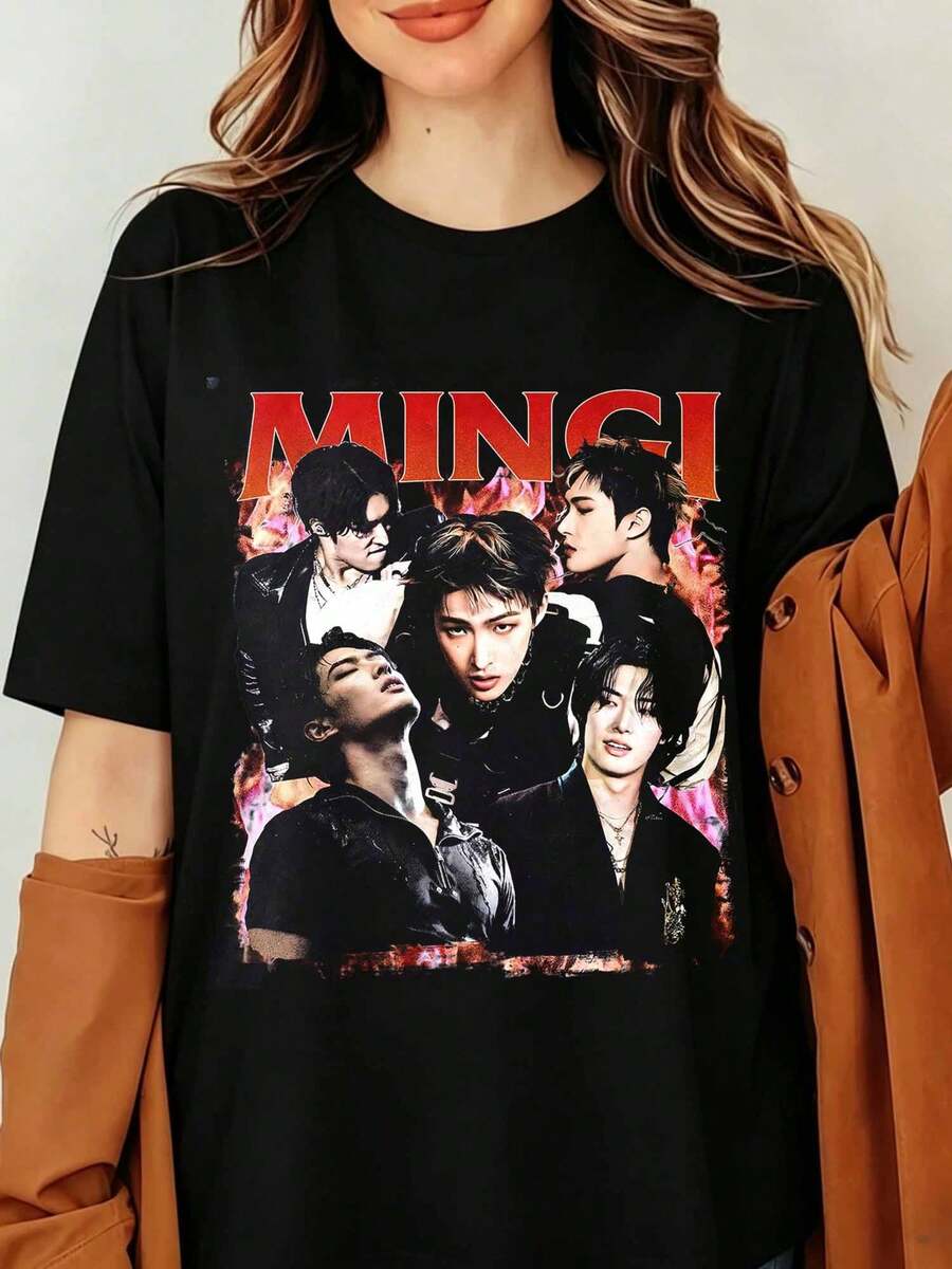 Mingi ATEEZS K-Pop Star Graphic T-Shirt Song Mingi Vintage 90s Bootleg Print Black Oversized Cotton Tee Men Women Streetwear Top, Vintage Ateezs Mingi 90s Bootleg Style T-Shirt, K-Pop Tour Apparel - Black - View 1
