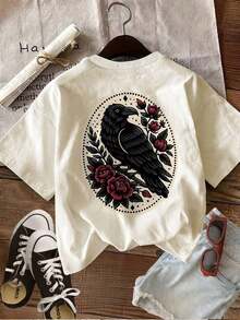 GiftCamiseta unisex de algodón holgada de manga corta con cuello redondo y estampado de doble cara para mujer, estilo vintage urbano, para uso casual de verano - Estampado floral vintage de cuervos.Soft - Albaricoque - Ver 3