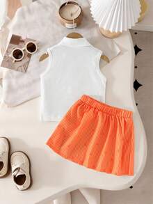 Conjunto de 2 piezas de top de punto acanalado de cuello en V blanco + falda con estampado de lazo a rayas verticales para niñas, adecuado para uso diario, actividades al aire libre y diversas ocasiones, primavera/verano - Naranja - Ver 2