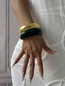 3pcs Set European And American Exaggerated Geometric Bangles, Dark Green And Amber Color Combination, Luxury Minimalist Elegant Open Cuff Bracelets, Versatile Unique Stackable Jewelry For Women - Multicolor - View 11