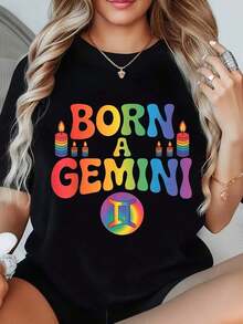 Camiseta Unisex con Estampado de Arcoíris y Velas "Nacido Géminis", Cuello Redondo, para Amantes de los Signos del Zodíaco, Ropa Casual para Fiestas, Idea de Regalo para Celebraciones de Cumpleaños, Estilo para las Cuatro Estaciones, Ropa Cómoda para Uso Diario, Regalo Perfecto para Familiares y Amigos, 220g - Negro - Ver 1