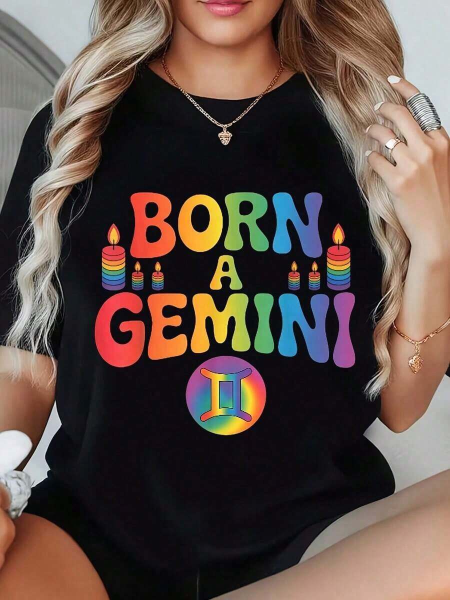 Camiseta Unisex con Estampado de Arcoíris y Velas "Nacido Géminis", Cuello Redondo, para Amantes de los Signos del Zodíaco, Ropa Casual para Fiestas, Idea de Regalo para Celebraciones de Cumpleaños, Estilo para las Cuatro Estaciones, Ropa Cómoda para Uso Diario, Regalo Perfecto para Familiares y Amigos, 220g - Negro - Ver 1