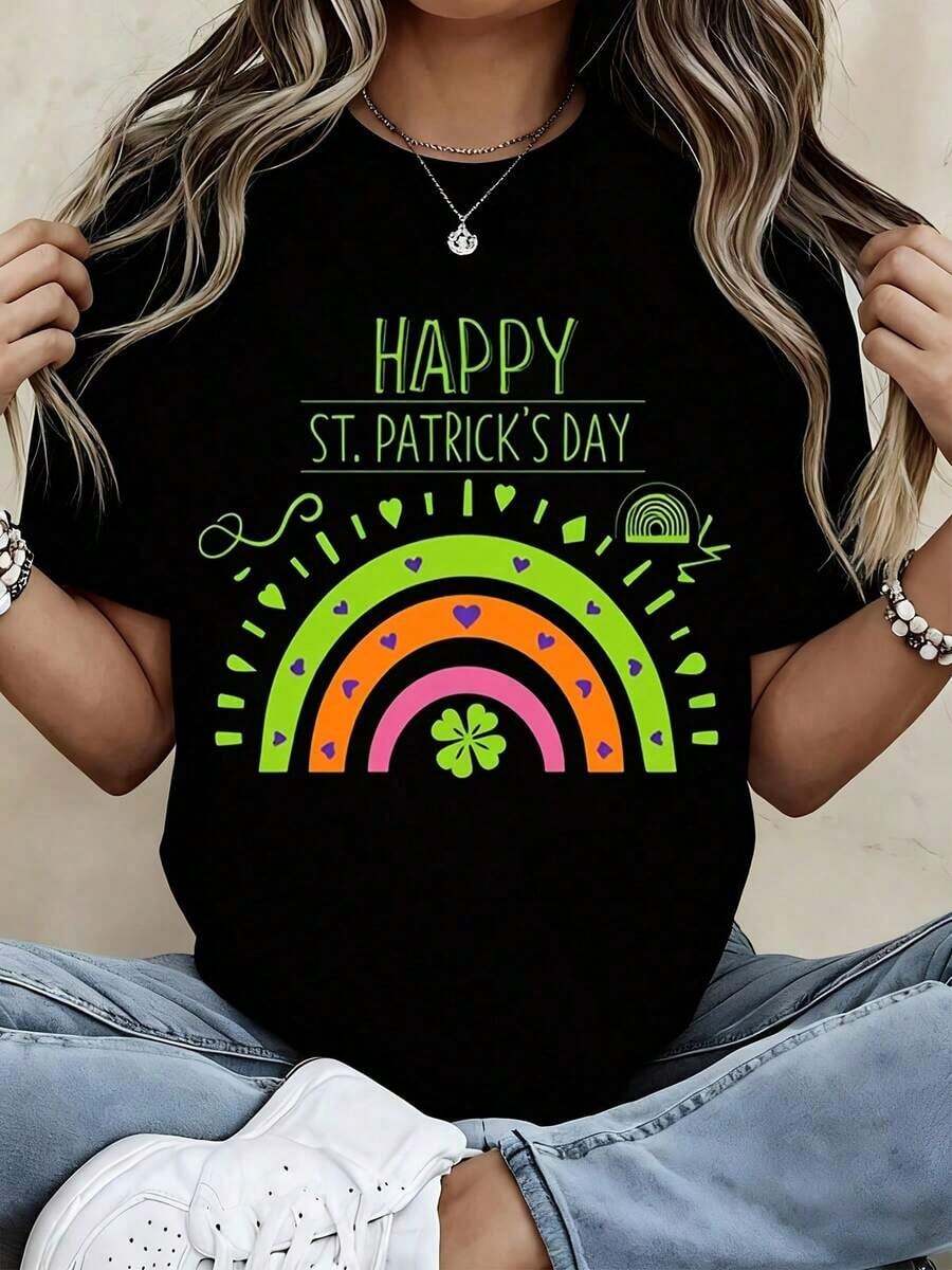 Women's Casual White T-Shirt With Rainbow Shamrock Print To Celebrate St. Patrick's Day - 黑色 - 查看 1