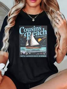Una camiseta de manga corta para mujer, moderna, a la moda, retro, holgada, suave y cómoda, adecuada para actividades al aire libre en primavera y verano, con un estampado creativo del velero Conrad al atardecer en la playa de Tangxiong.Esta camiseta casual para mujer tiene cuello redondo, mangas cortas, es lavable a máquina, sencilla y versátil, transpirable y con un corte informal para primavera y verano.blusas para mujer,blusas casuales para dama,tops,, mujer premium,y2k,playeras de mujer curvy,ofertas y liquidaciones ropa mujer,playeras deportivas para mujer,,playeras de hombre, mujer,blusas>elegante HXFW - Negro - Ver 8
