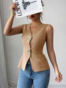 Blusa exterior con cuello en V ajustada con decoración de botones dorados con rosas - Naranja - Ver 3